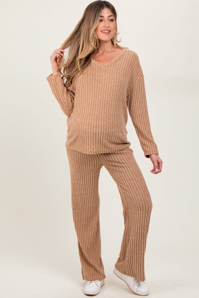 PinkBlush Taupe Ribbed Soft Knit Long Sleeve Maternity Pajama Set
