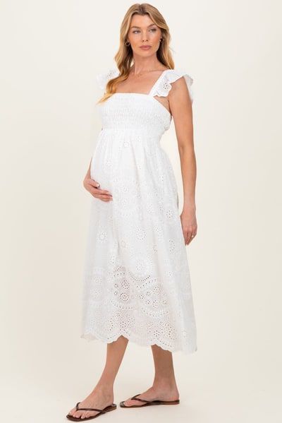 PinkBlush White Embroidered Smocked Cutout Maternity Midi Dress