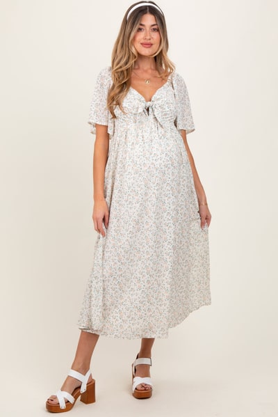 PinkBlush Peach Floral Front Tie Maternity Midi Dress