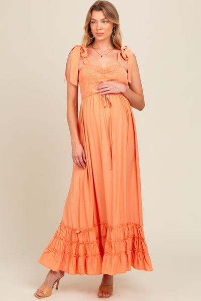 PinkBlush Orange Sweetheart Neck Smocked Shoulder Tie Maternity Maxi Dress