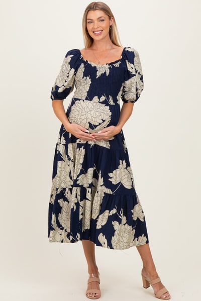 PinkBlush Navy Floral Cutout Tie Back Maternity Midi Dress