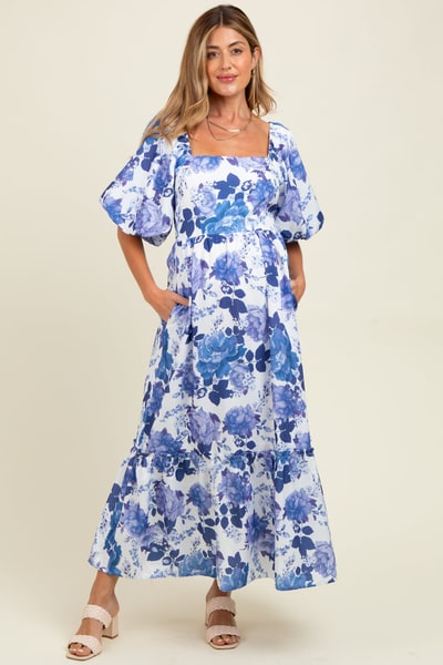 PinkBlush Blue Floral Square Neck Puffed Sleeve Maternity Maxi Dress