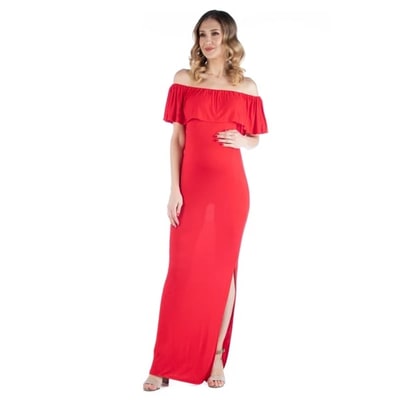 Target 24seven Comfort Apparel Maternity Off Shoulder Ruffle Maxi Dress-Red-1X-RED-1X