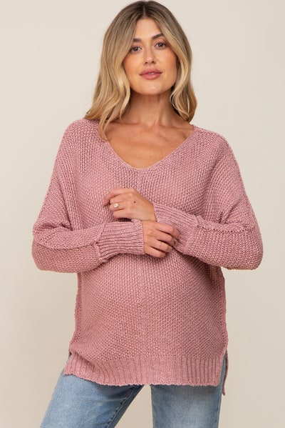 PinkBlush Mauve Chunky Knit Side Slit Maternity Sweater