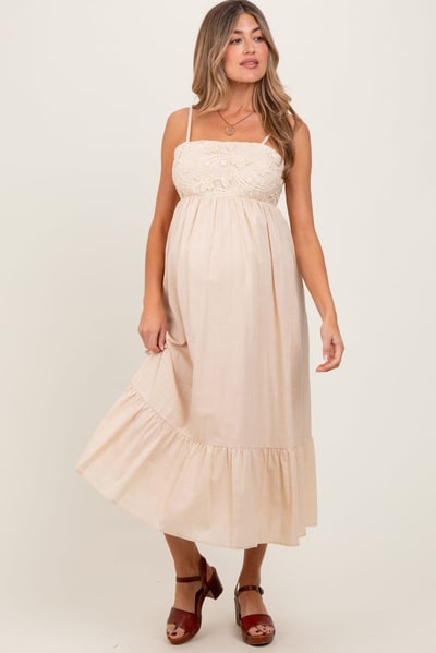 PinkBlush Beige Floral Embroidery Back Ribbon Maternity Midi Dress