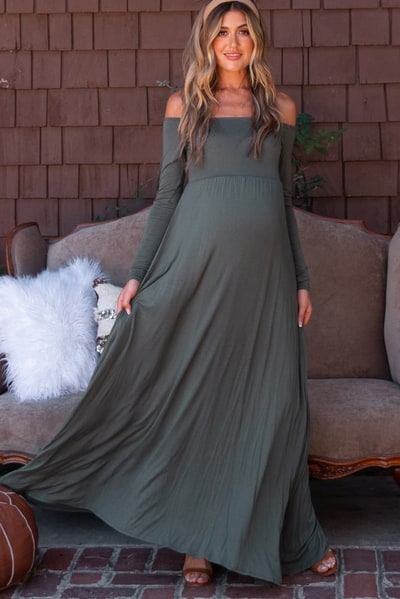 PinkBlush PinkBlush Petite Olive Solid Off Shoulder Maternity Maxi Dress