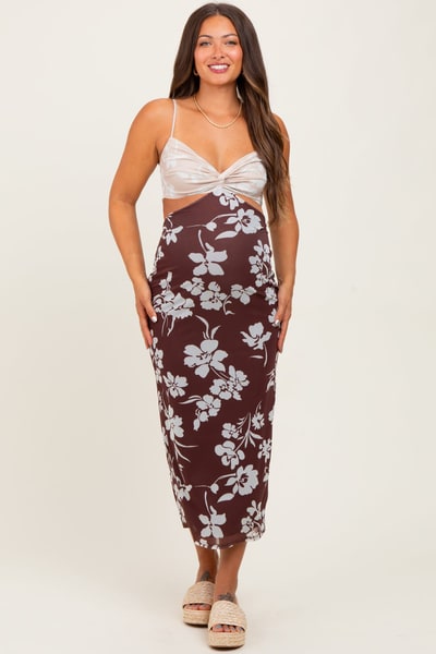 PinkBlush Brown Colorblock Floral Cutout Sleeveless Maternity Maxi Dress