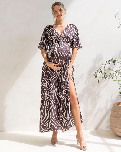 Angel Maternity Margaux Maternity Evening Maxi Dress in Chocolate Zebra Print
