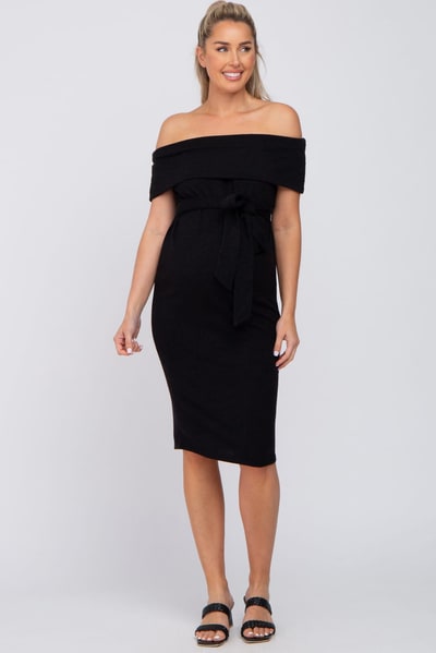 PinkBlush Black Folded Off Shoulder Waist Tie Maternity Midi Dress