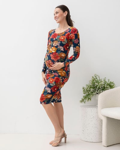 Angel Maternity Flora Long Sleeve Red Floral Print Maternity Bodycon  Dress