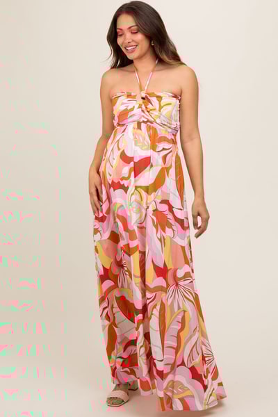 PinkBlush Pink Abstract Print Halter Maternity Maxi Dress