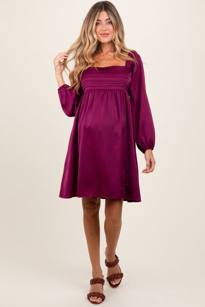 PinkBlush Plum Satin Pleated Detail Bodice Maternity Dress