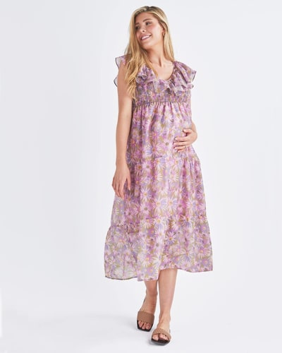 Angel Maternity Daphne Reversible Maternity Baby Shower Dress in Lilac Floral