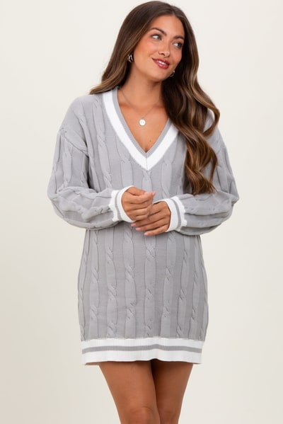 PinkBlush Heather Grey Cable Knit Maternity Sweater Mini Dress