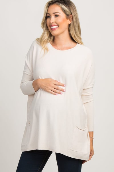 PinkBlush Beige Pocketed Dolman Sleeve Maternity Top