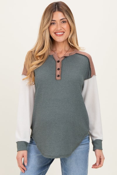 PinkBlush Olive Colorblock Relaxed Waffle Knit Maternity Henley