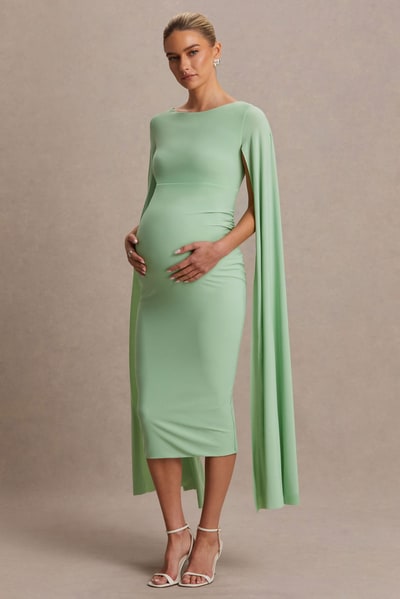 Club L London Providence | Light Green High-Neck Maternity Midi Dress With Cape Sleeves