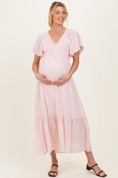 PinkBlush Light Pink Smocked Maternity Midi Dress