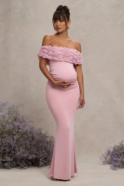 Club L London Inflorescence | Blush Pink Mesh Floral Bardot Maternity Maxi Dress