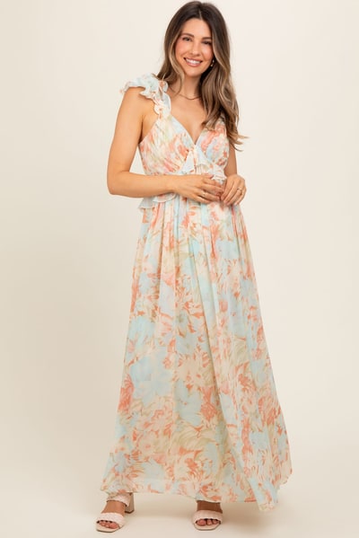 PinkBlush Mint Green Floral Ruffle Accent Cutout Maternity Gown
