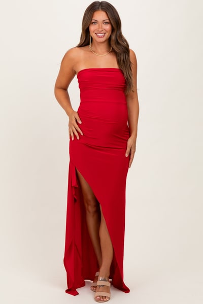 PinkBlush Red Strapless Front Slit Maternity Maxi Dress