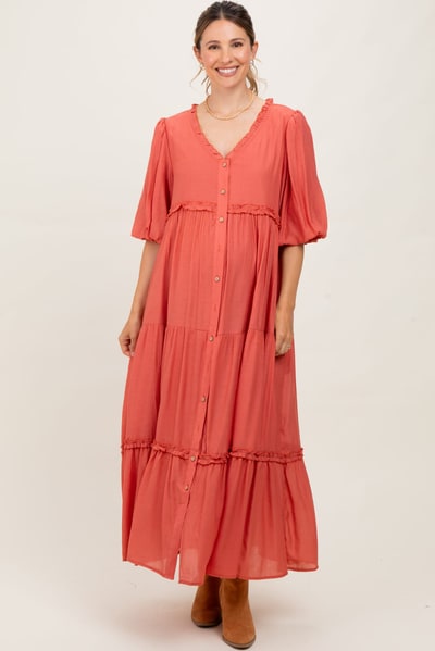 PinkBlush Cinnamon Puff Short Sleeve Crepe Tiered Maternity Maxi Dress