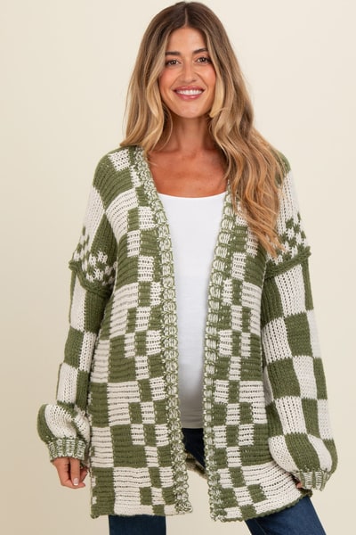 PinkBlush Olive Mixed Check Pattern Chunky Maternity Cardigan