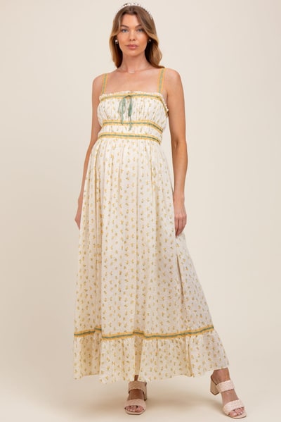 PinkBlush Yellow Floral Ribbon Detail Sleeveless Maternity Maxi Dress