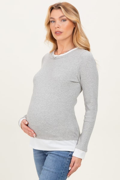 PinkBlush Heather Grey Ribbed Long Sleeve Double Layer Maternity Top