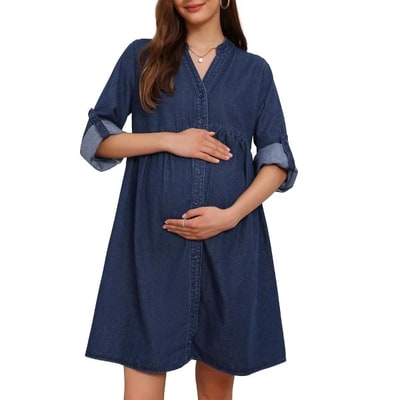 Target INSPIRE CHIC Women's Maternity Denim Dress Babydoll Long Sleeve Cotton Button Down Shirt Dresses Fall X-Large Deep Blue
