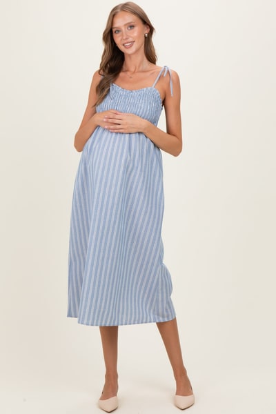PinkBlush Blue Striped Smocked Shoulder Tie Maternity Midi Dress