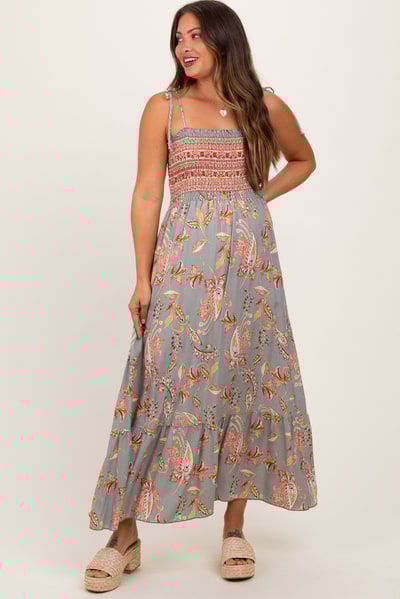 PinkBlush Olive Paisley Shoulder Tie Smocked Maternity Maxi Dress