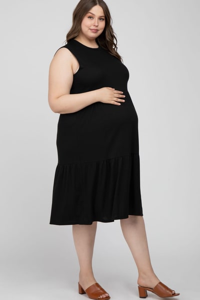 PinkBlush Black Ribbed Sleeveless Plus Maternity Midi Dress