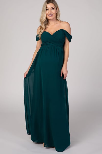 PinkBlush PinkBlush Forest Green Off Shoulder Chiffon Maxi Maternity Dress