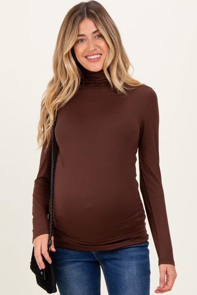 PinkBlush Brown Brushed Knit Basic Turtleneck Maternity Top