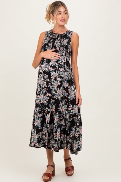 PinkBlush Black Floral Print Smocked Top Sleeveless Tiered Maternity Maxi Dress