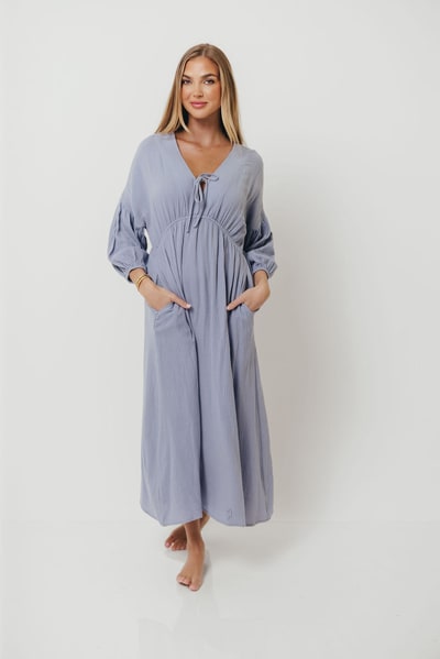 Worth Collective Hunter 100% Cotton Midi Dress in Blue - Bump Friendly