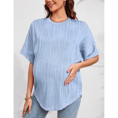 Target Garvee Womens Maternity Shirts Summer Ribbed knit Short Sleeve Casual Pregnancy Clothes Crewneck Loose Maternity Tops LightBlue X-Large