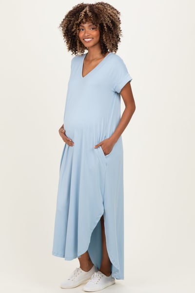 PinkBlush Jade Blue Side Slit Maternity Maxi Dress