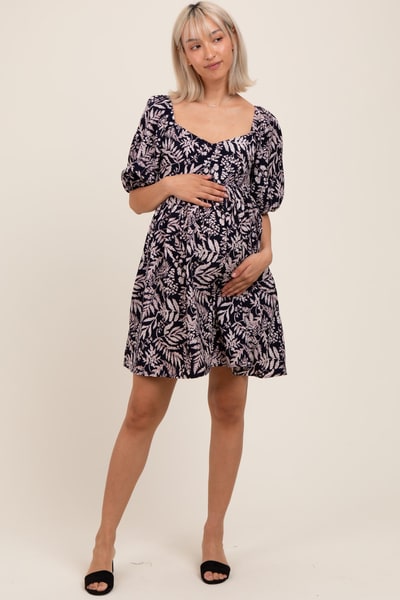 PinkBlush Navy Floral Puff Sleeve Maternity Dress