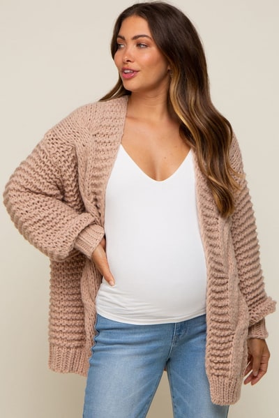 PinkBlush Beige Chunky Knit Maternity Cardigan