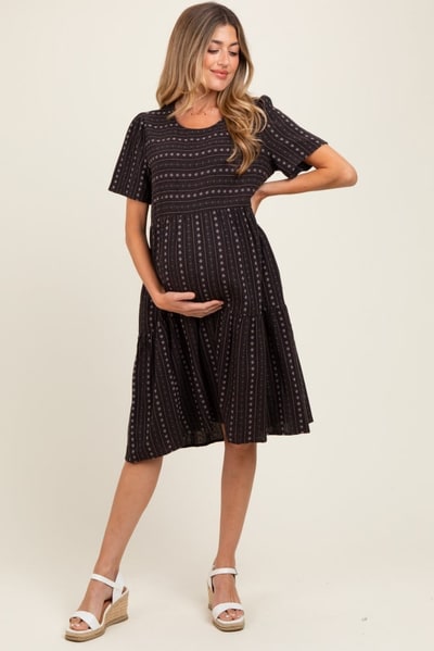 PinkBlush Black Floral Striped Tiered Short Sleeve Maternity Dress
