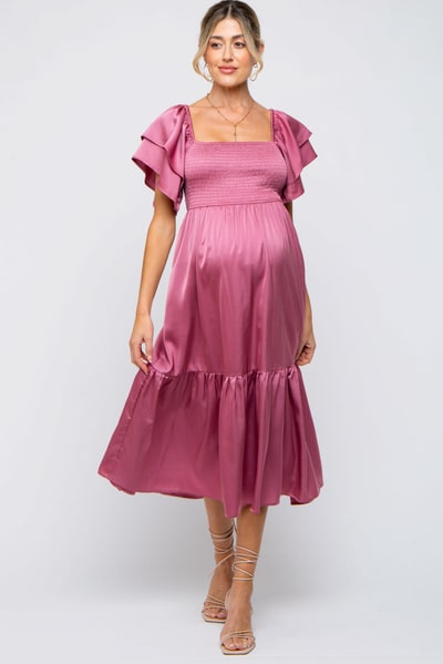 PinkBlush Mauve Satin Flutter Sleeve Maternity Midi Dress