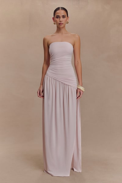 MESHKI Bex Strapless Slinky Maxi Dress With Split - Pale Pink
