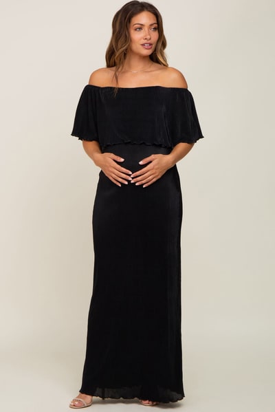 PinkBlush Black Pleated Ruffle Off Shoulder Maternity Maxi Dress