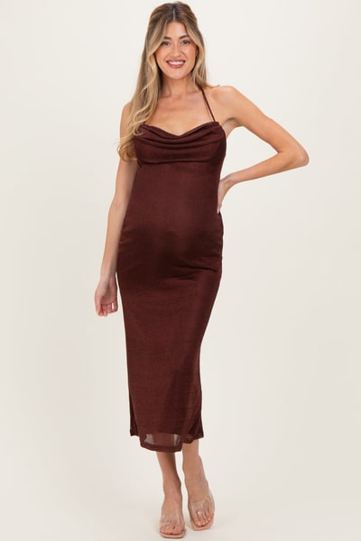 PinkBlush Burgundy Satin Halter Maternity Midi Dress