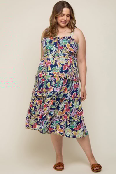 PinkBlush Navy Blue Multi-Color Floral Sleeveless Tiered Maternity Plus Midi Dress