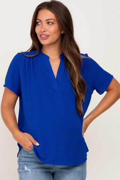 PinkBlush Blue Short Sleeve V-Neck Maternity Blouse