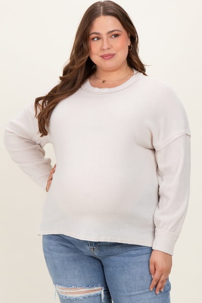 PinkBlush Cream Brushed Ribbed Knit Maternity Plus Pullover
