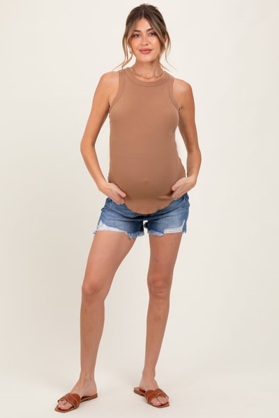 PinkBlush Navy Distressed Fringe Hem Maternity Jean Shorts